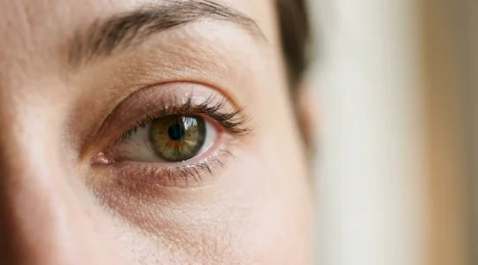Close-up of eye area showing the effects of overnight mascara wear on skin and lashes