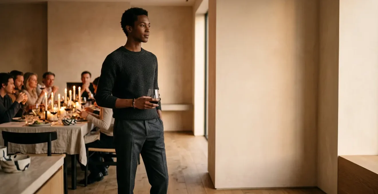 Sophisticated guest in smart casual attire at an elegant dinner party setting