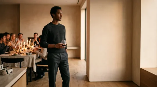 Sophisticated guest in smart casual attire at an elegant dinner party setting