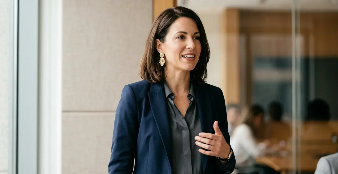Professional woman confidently presenting at work wearing elegant statement earrings