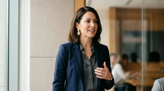 Professional woman confidently presenting at work wearing elegant statement earrings