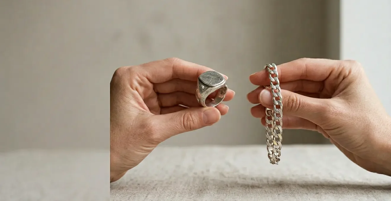 Two elegant silver jewelry pieces side by side showcasing sterling silver versus silver-plated construction for everyday wear