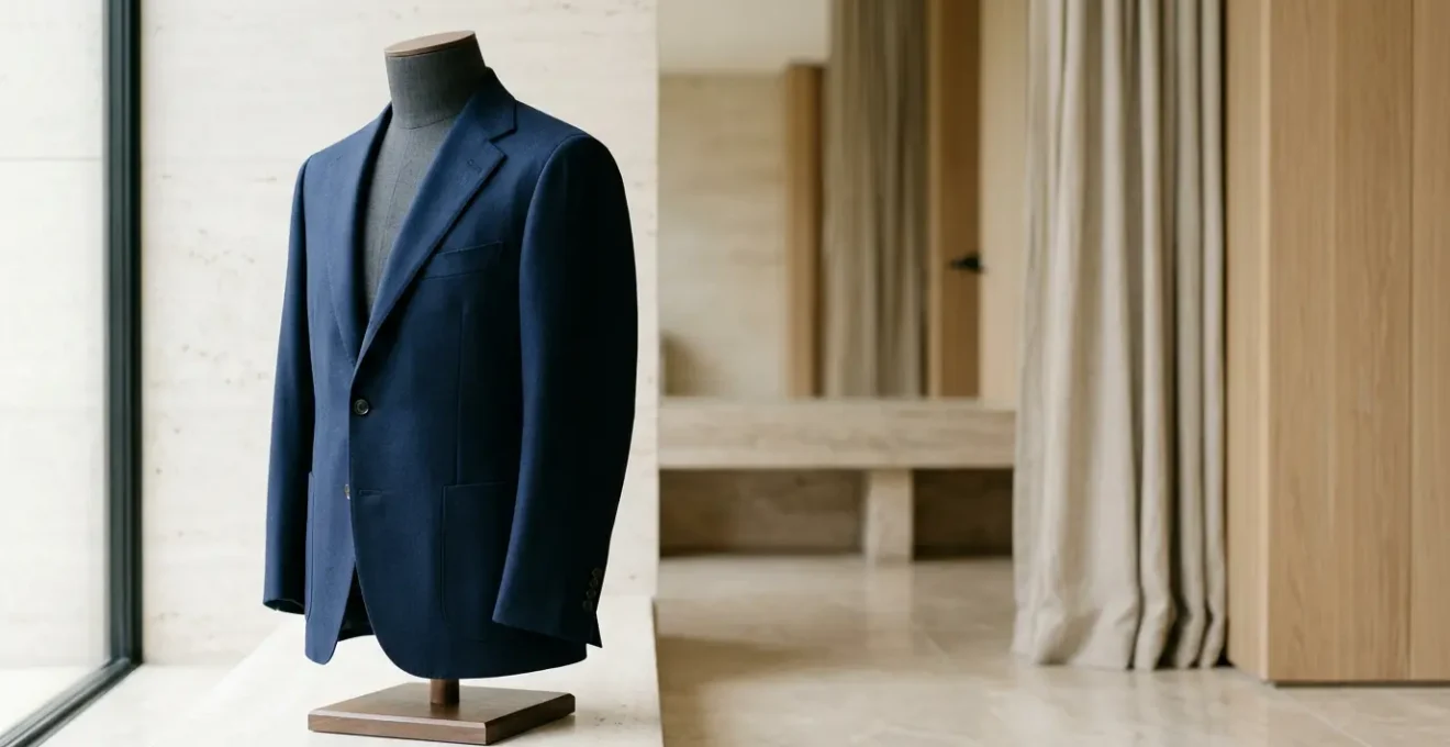 A navy wool blazer draped elegantly on minimalist display with natural lighting highlighting fabric texture and construction details