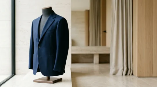 A navy wool blazer draped elegantly on minimalist display with natural lighting highlighting fabric texture and construction details