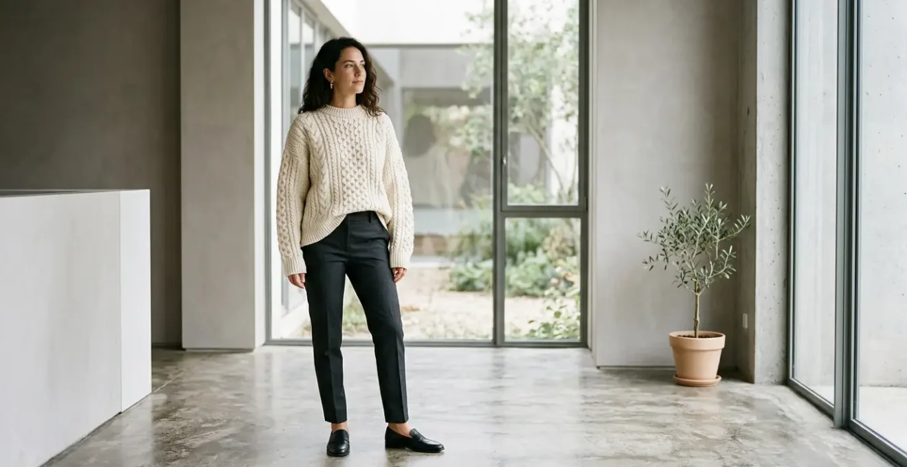Woman wearing elegantly styled chunky cable knit sweater with streamlined bottoms in minimalist winter setting