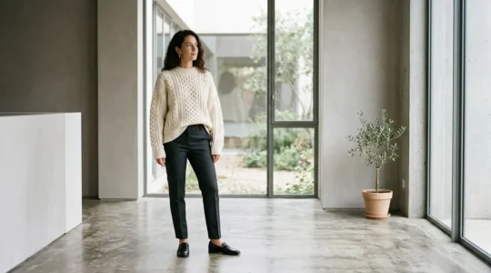 Woman wearing elegantly styled chunky cable knit sweater with streamlined bottoms in minimalist winter setting
