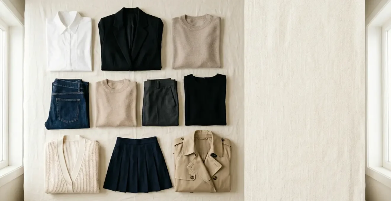 Minimalist flat lay showcasing ten versatile clothing pieces arranged on neutral background with natural light
