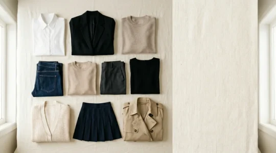 Minimalist flat lay showcasing ten versatile clothing pieces arranged on neutral background with natural light