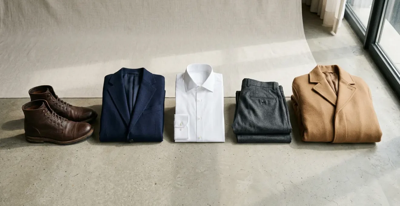 Editorial fashion composition showcasing timeless wardrobe essentials arranged with architectural precision