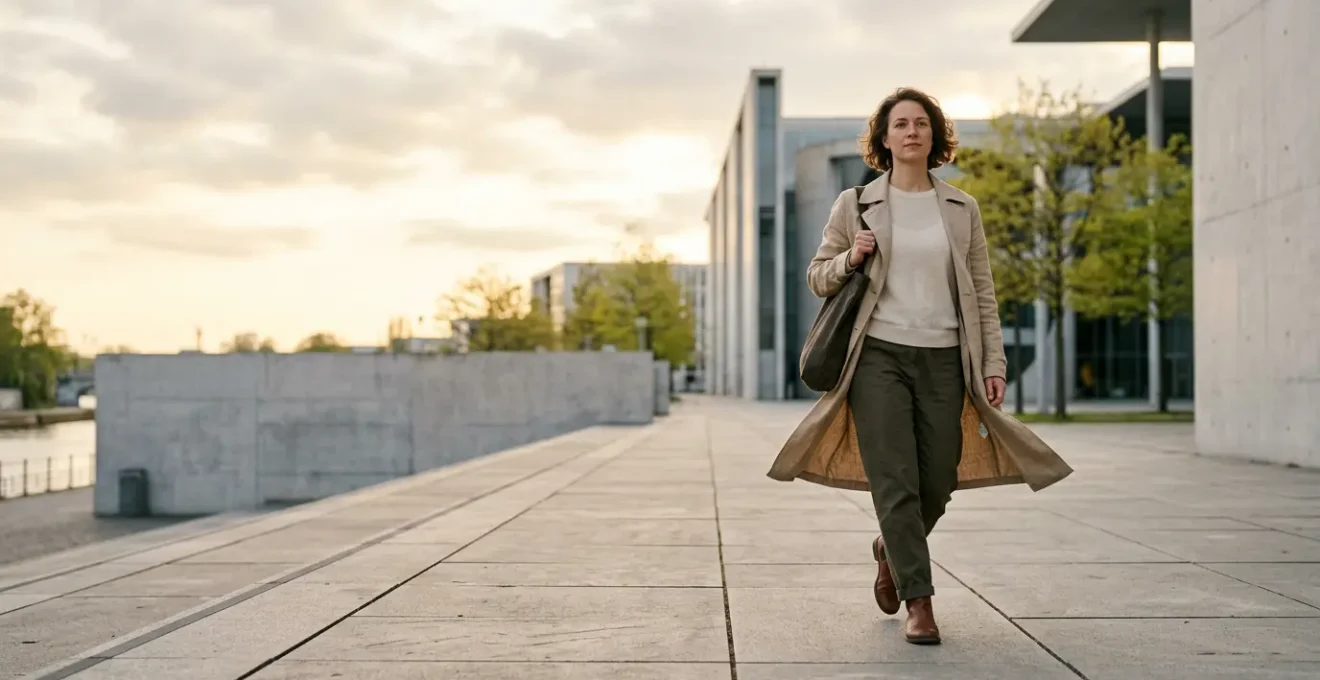 A person effortlessly layering transitional spring fashion pieces outdoors during fluctuating weather conditions