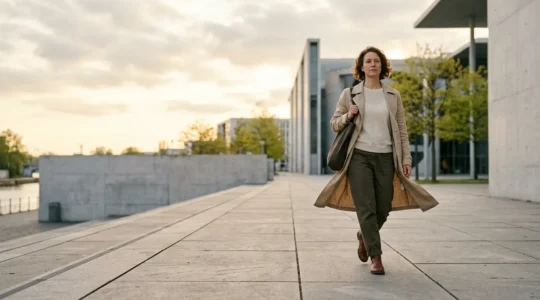 A person effortlessly layering transitional spring fashion pieces outdoors during fluctuating weather conditions