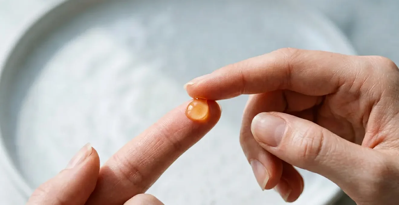 Professional skincare moment showing vitamin C serum application technique with focus on precision and care