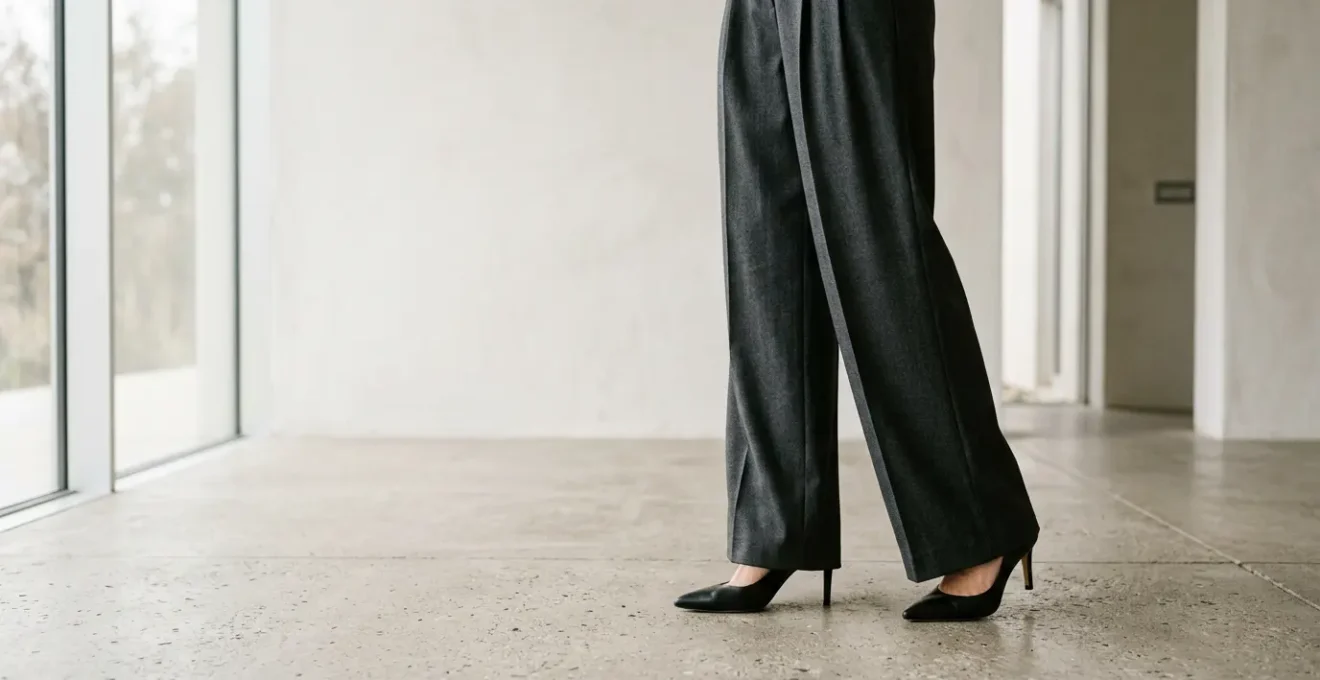 Professional editorial fashion photograph showcasing wide-leg trousers paired with pointed-toe heels to avoid hem drag