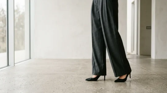 Professional editorial fashion photograph showcasing wide-leg trousers paired with pointed-toe heels to avoid hem drag