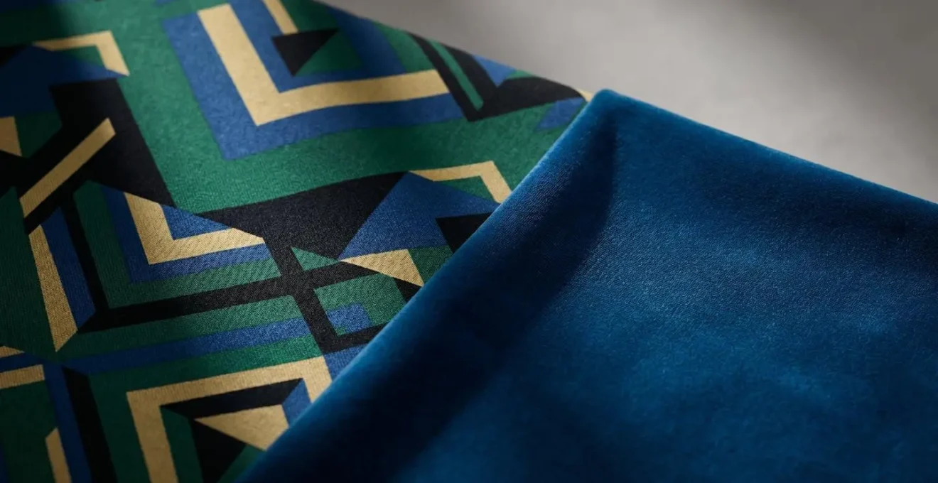 Abstract composition showing contrast between large-scale organic pattern and solid color fabric, illustrating camera-safe clothing choices for video meetings