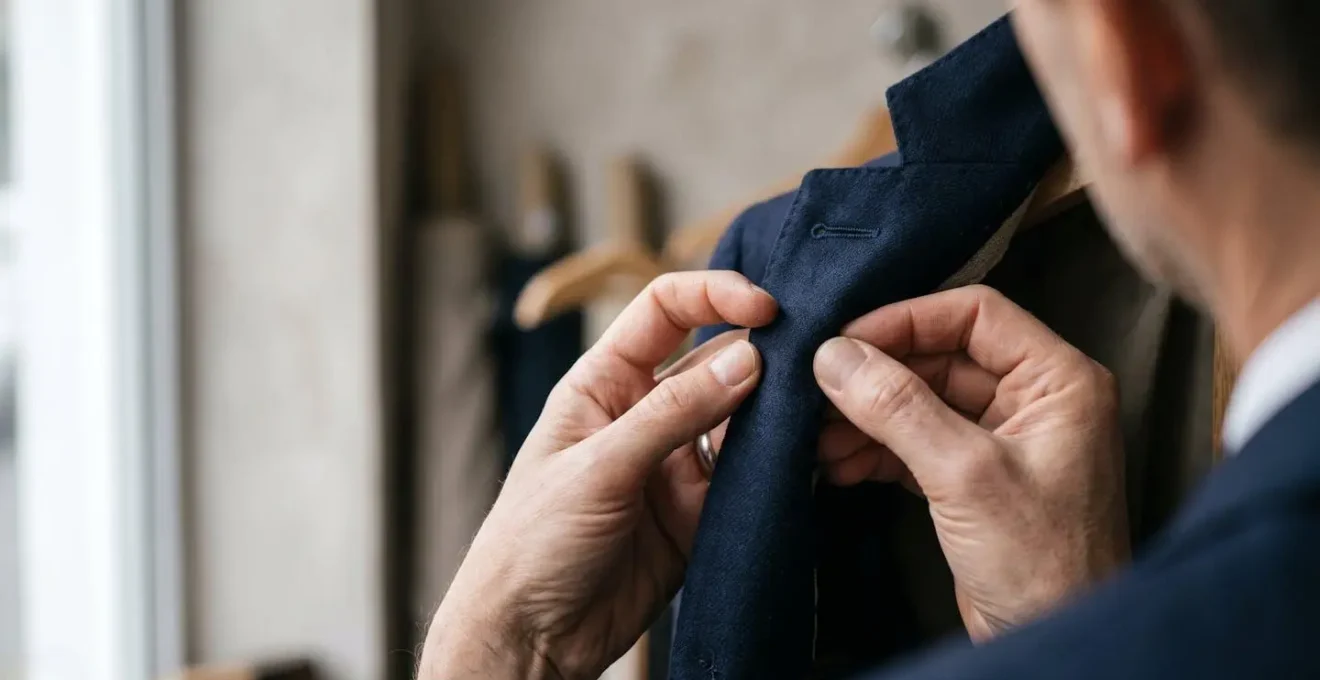 Close-up detail of high-quality blazer lapel construction showing natural fabric layers and tailoring craftsmanship