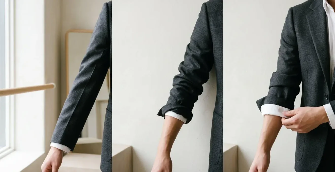 Extreme close-up of blazer sleeve cuff showing fabric fold techniques and proportion details