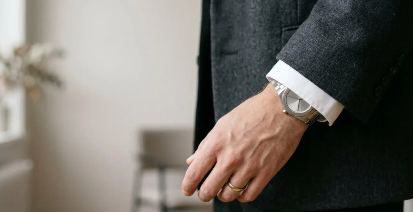 Close-up detail of professionally styled oversized blazer sleeve showing precise relationship between jacket cuff and visible shirt cuff beneath
