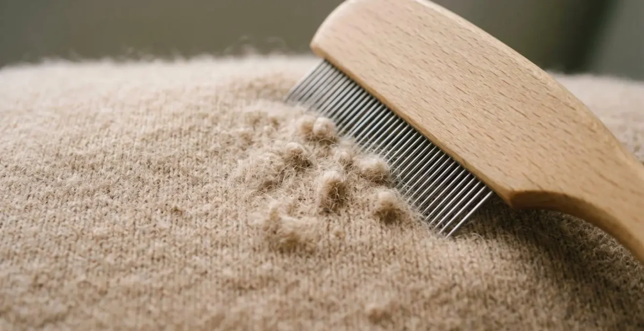 Extreme macro photograph showing delicate cashmere fiber texture and pilling removal technique with specialized tool