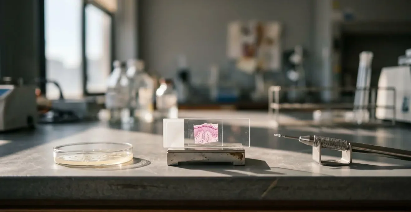 Symbolic representation of clinical research hierarchy with laboratory equipment and natural lighting