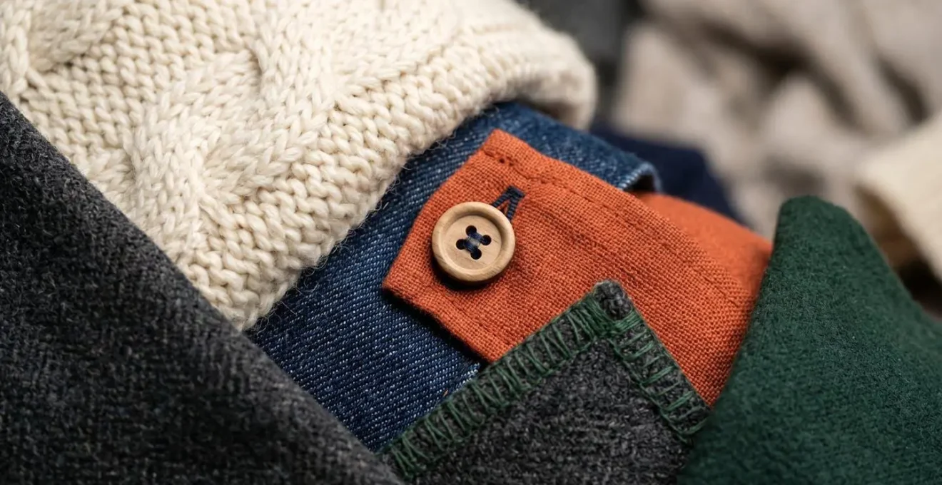 A visual display of three neutral color garments combined with two accent color accessories demonstrating capsule wardrobe color theory