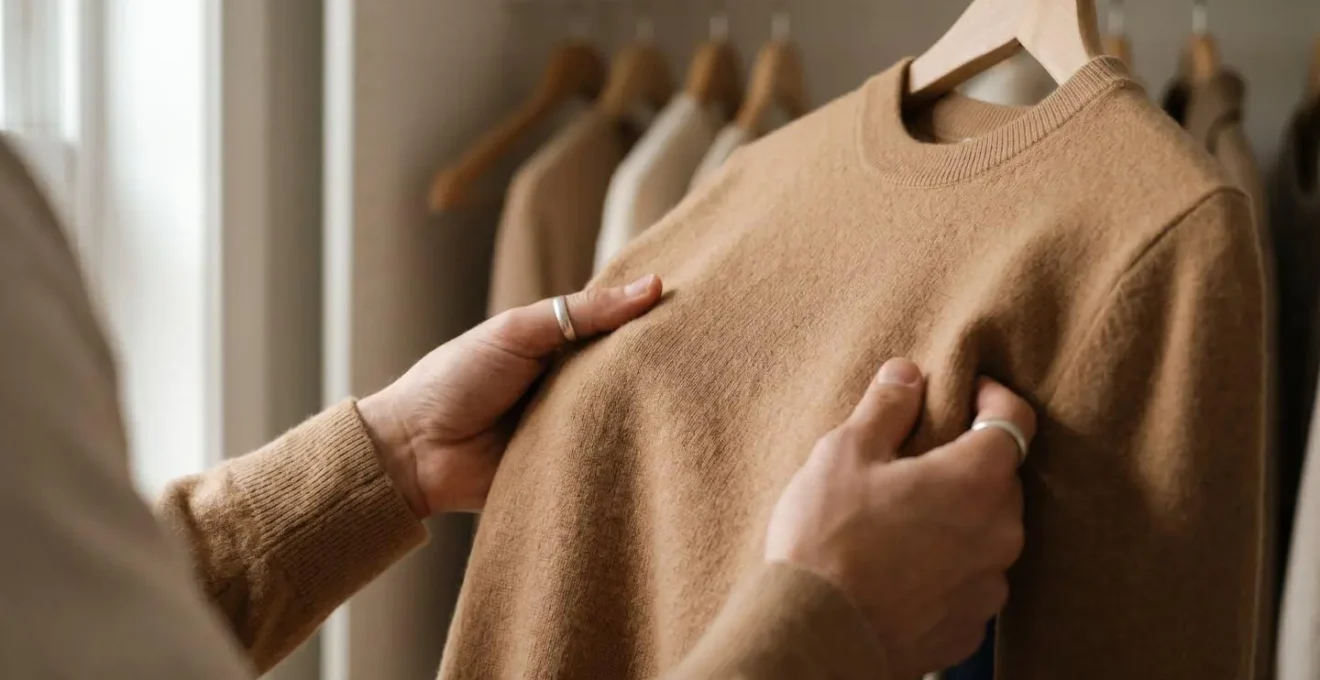 A person's hands carefully examining the quality fabric of a camel-colored sweater, representing a mindful purchase.