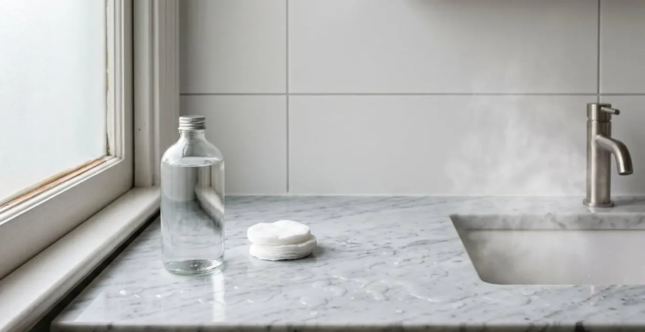 Environmental wide shot of minimal bathroom counter with soft natural light