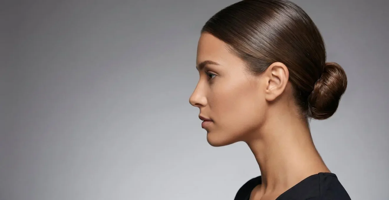 Side profile of elegant sleek bun hairstyle showing polished grooming and refined styling against neutral background