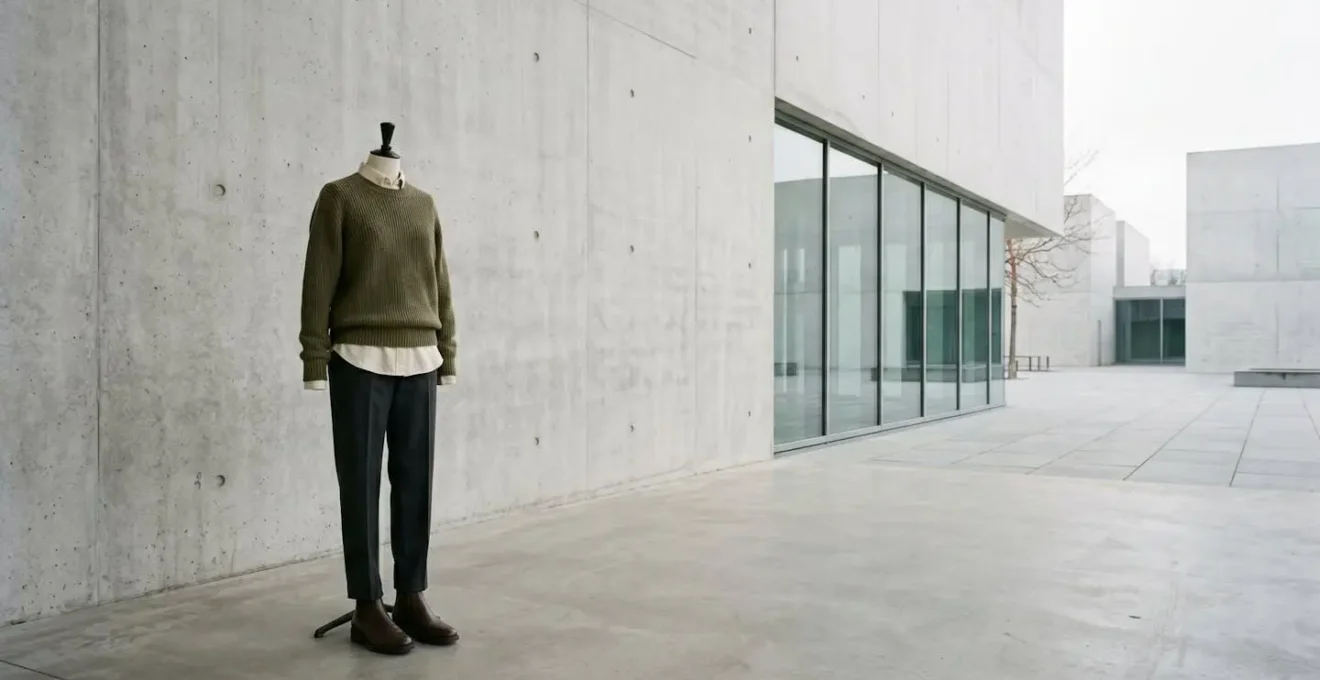 Wide minimalist shot of fashion outfit in clean urban environment with intentional negative space