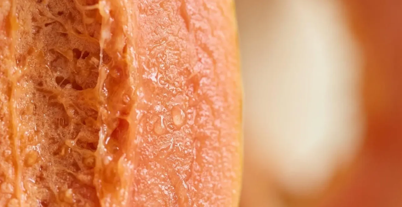 Macro close-up of papaya enzyme particles gently dissolving dead skin layer revealing smooth fresh skin underneath