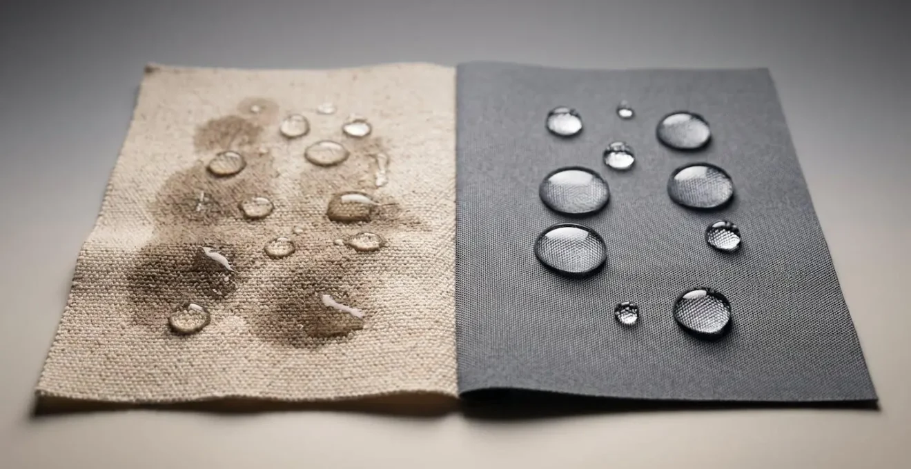 Side-by-side comparison of water droplets on cotton and synthetic fabric surfaces showing different moisture behaviors