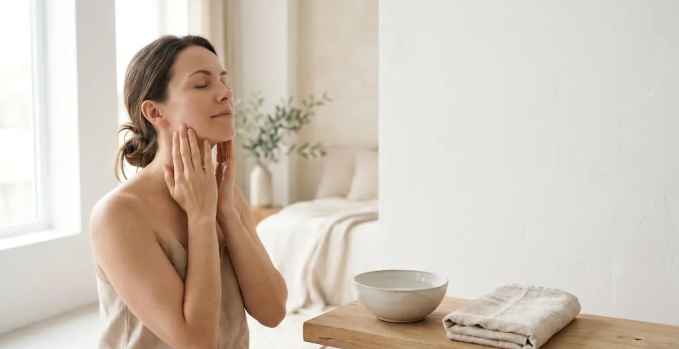 Environmental portrait showing peaceful self-care facial massage moment in natural minimalist setting