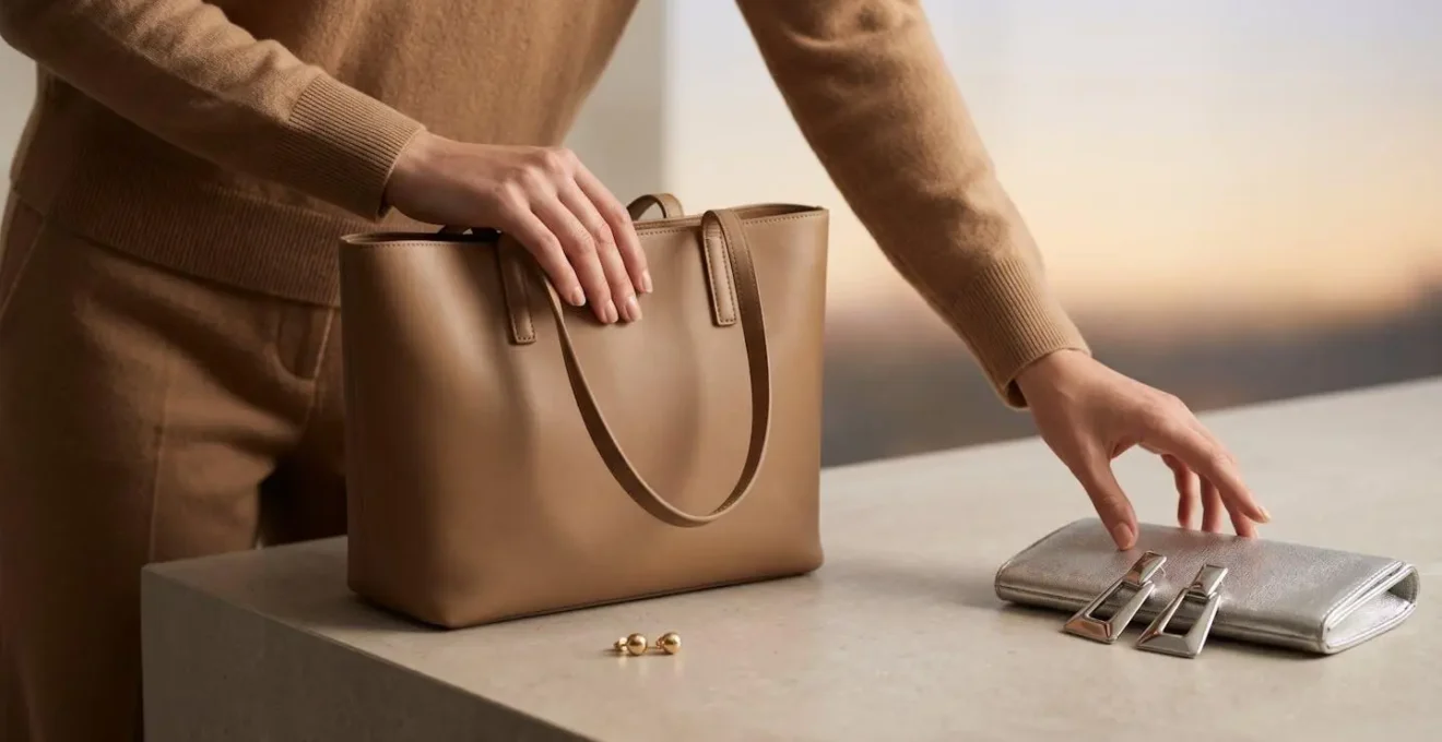 A stylish flat-lay showcasing day-to-evening accessory transformation with elegant metallic clutch and statement jewelry