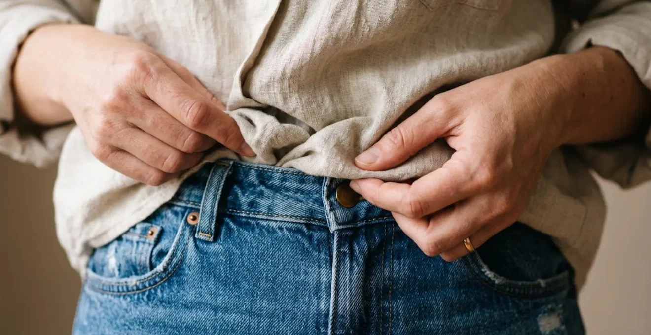 Close-up detail of French tuck styling technique showing waist definition and asymmetrical line