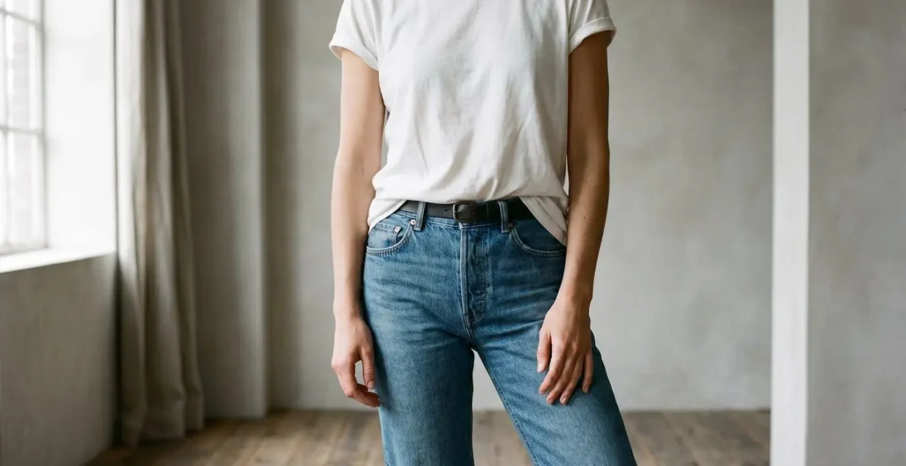 Medium shot demonstrating the French tuck technique showing visual balance and waist definition on a simple white t-shirt and jeans outfit