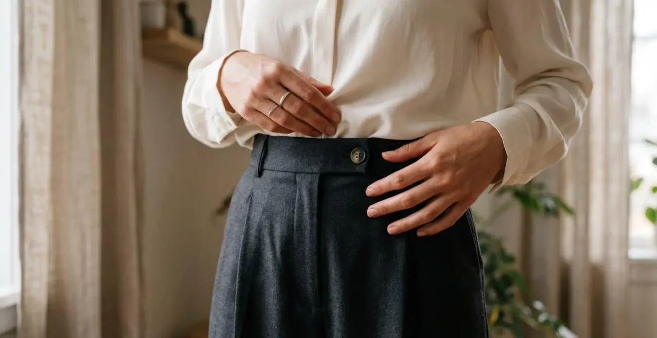 Close-up editorial photograph demonstrating the French tuck styling technique with wide-leg trousers to create waistline definition