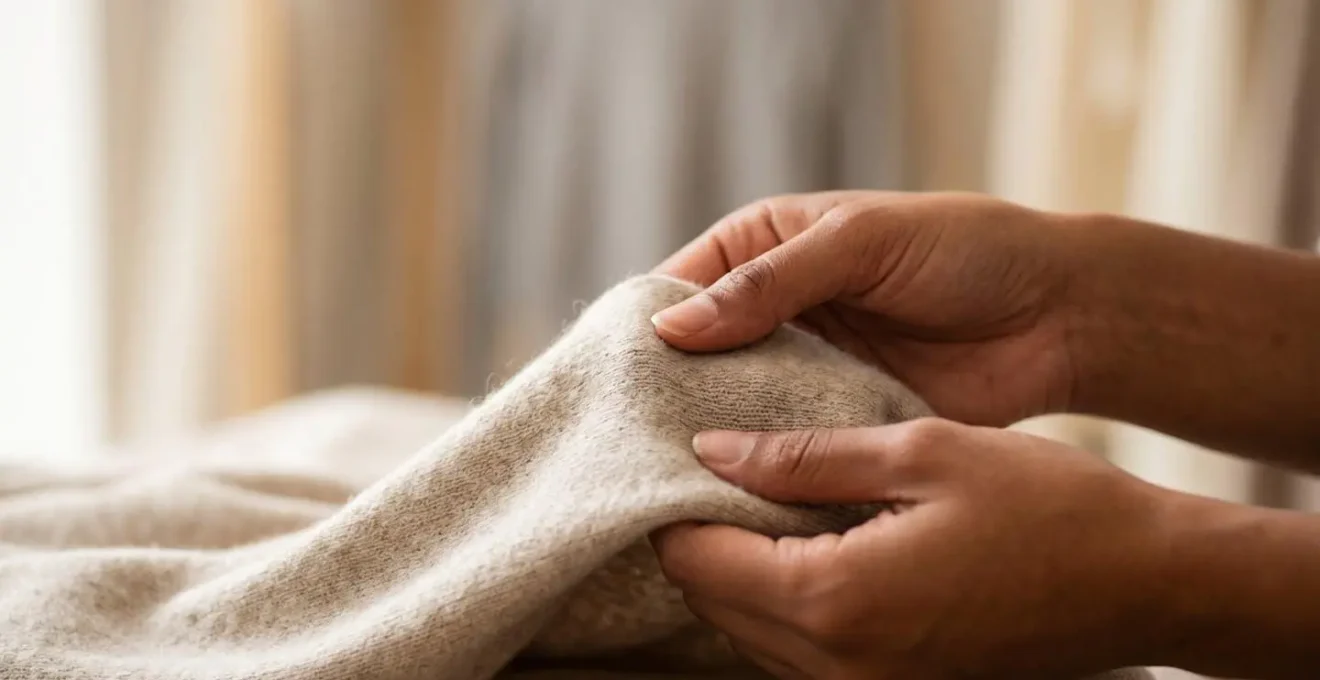 Close-up of hands gently testing cashmere fabric texture in natural light