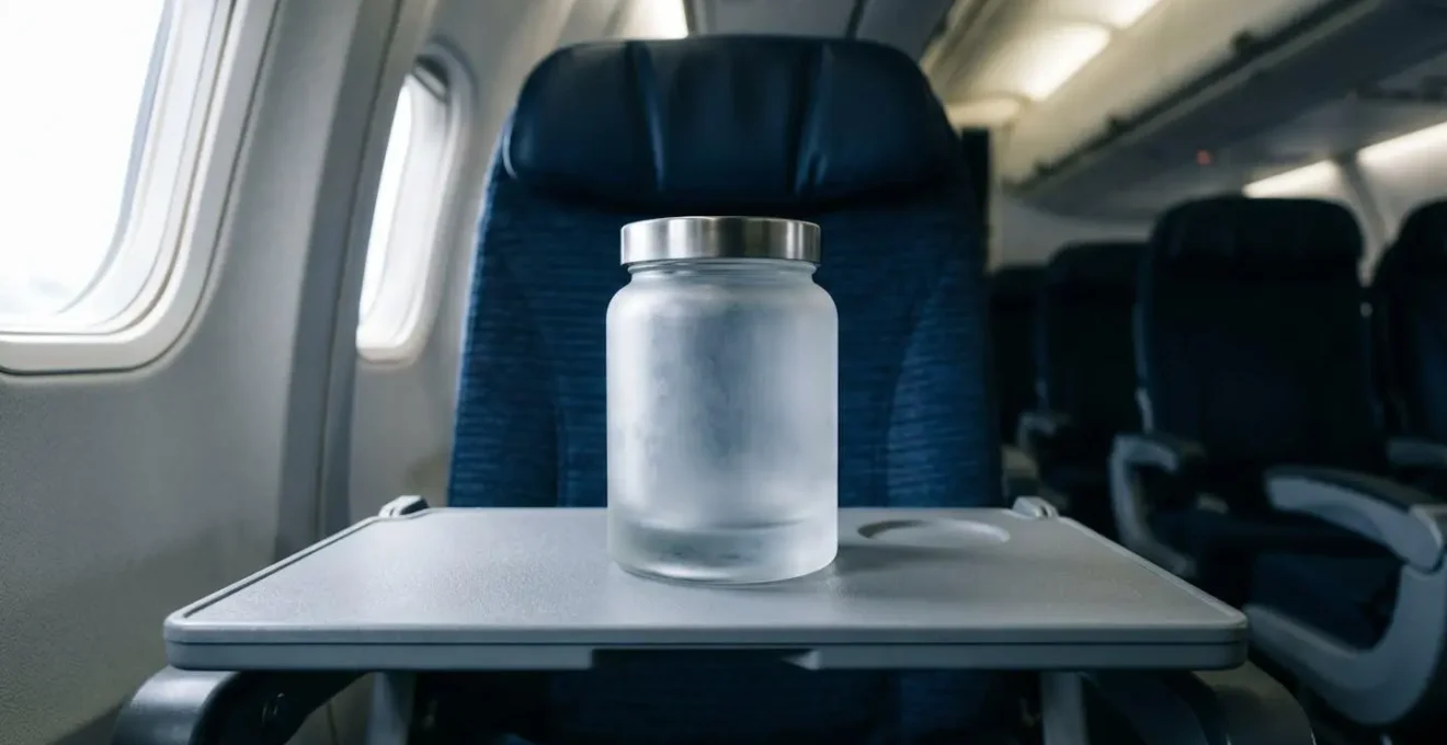 Wide-angle shot of weighty glass cosmetic jar on airplane tray table emphasizing travel impracticality