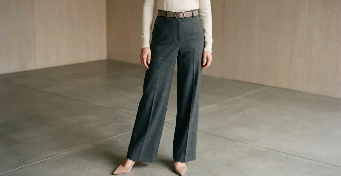 Editorial fashion photograph demonstrating the visual proportion balance created by high-waisted wide-leg trousers with pointed-toe shoes