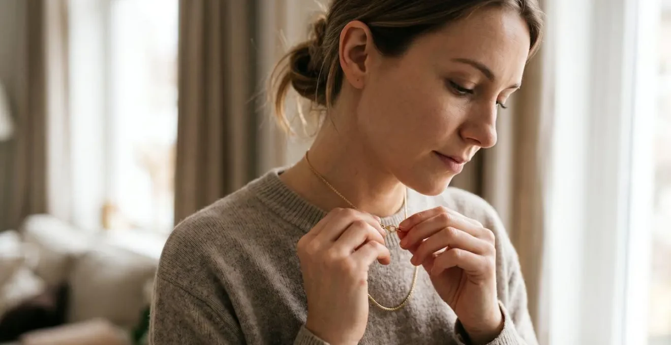 Medium portrait showing hands adjusting delicate jewelry with focused expression and natural emotion