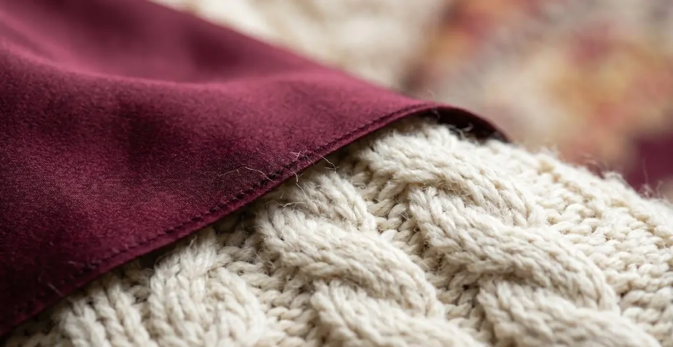 Macro close-up of contrasting fabric textures layered together showing silky material against chunky knit