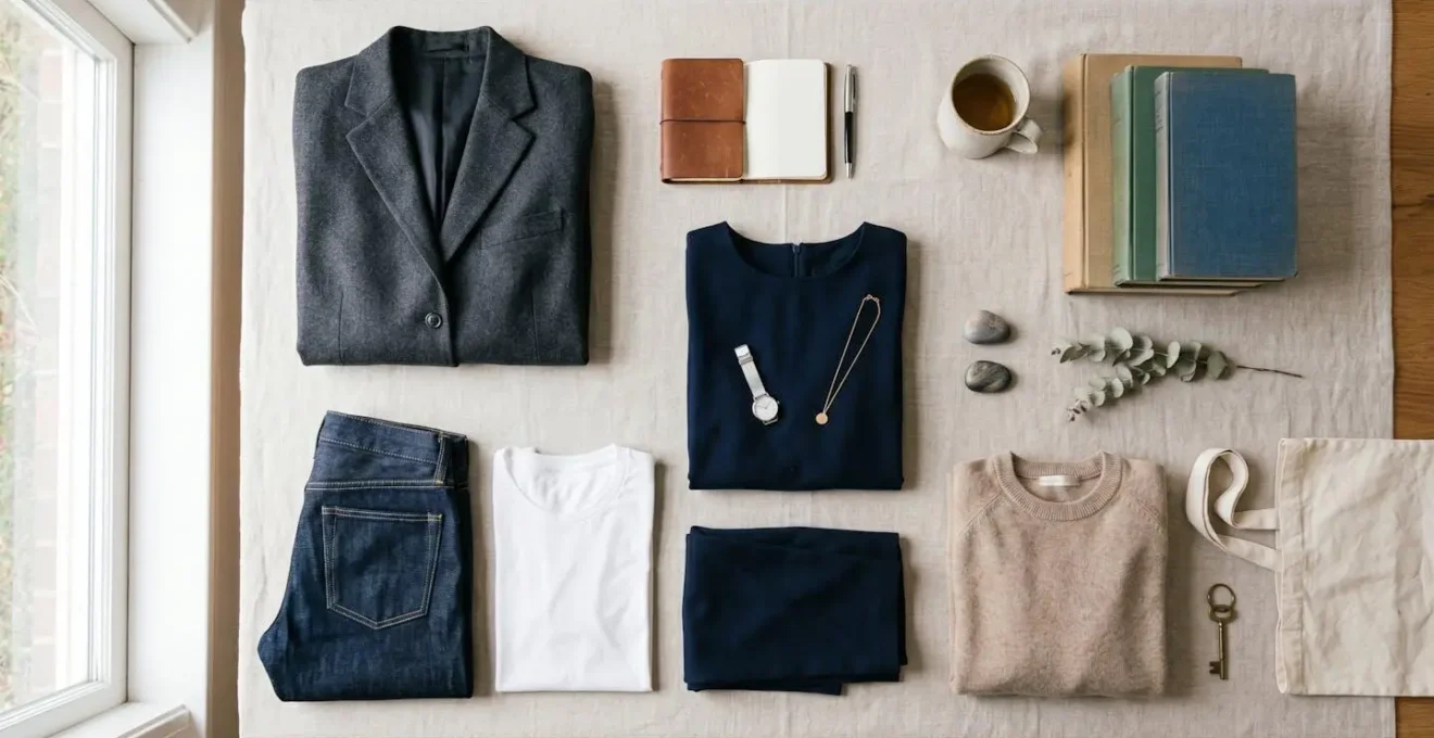 A thoughtfully arranged flat-lay composition showing strategic wardrobe planning aligned with real-life activities and priorities