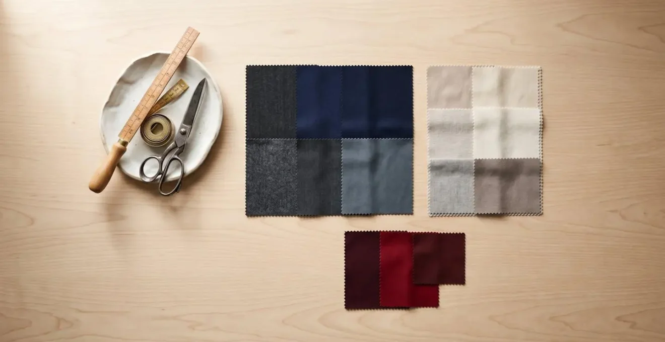 Visual representation of wardrobe proportions matching lifestyle activities on a desk with fabric swatches.