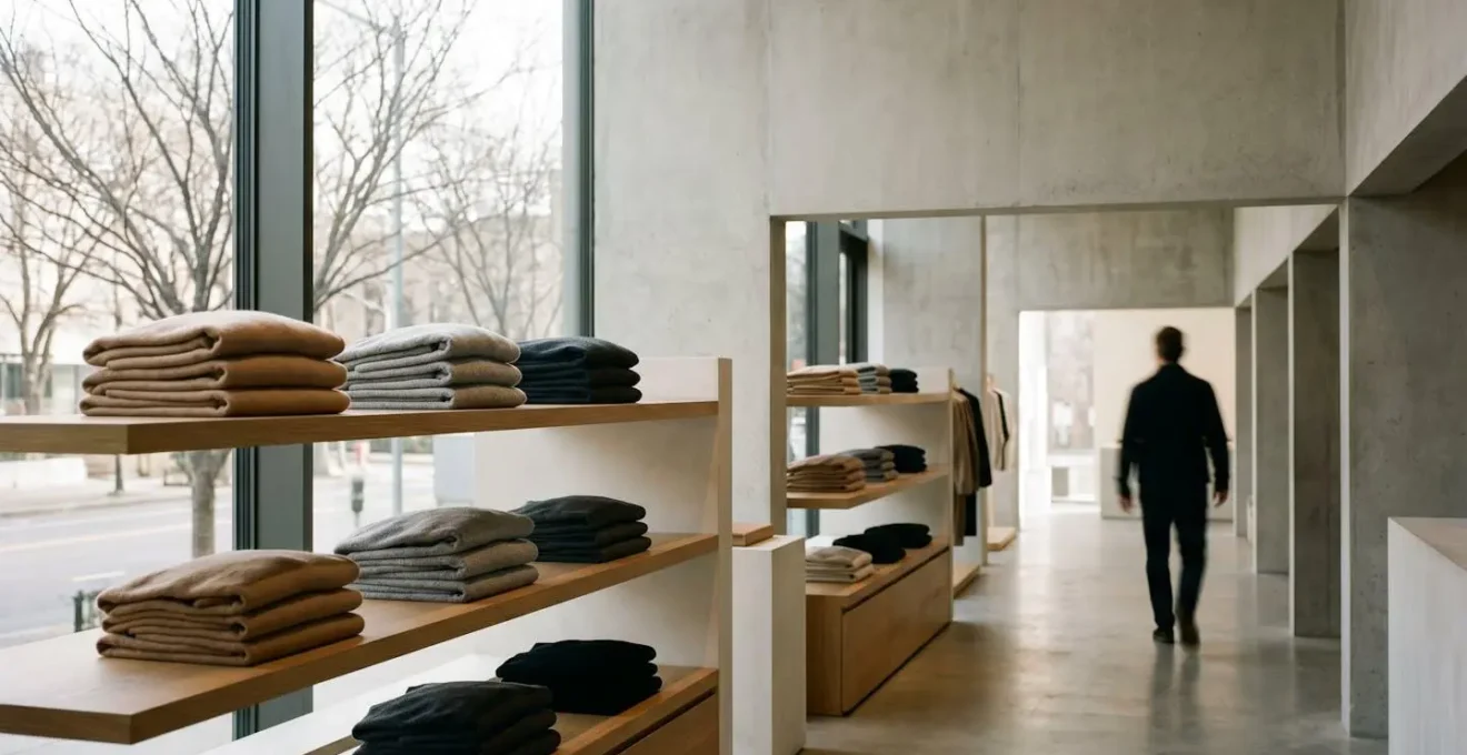 Wide-angle environmental photograph showing minimalist luxury retail setting during seasonal transition period
