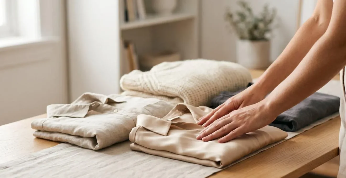 Carefully arranged natural fiber garments in warm neutral tones displayed on minimal wooden surface with soft directional lighting