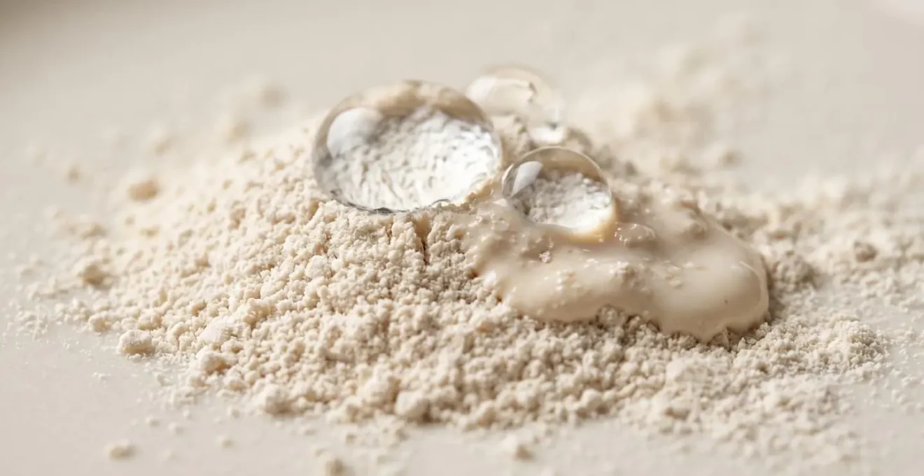 Extreme close-up macro photograph showing powder particles gradually mixing with water droplets creating smooth paste texture