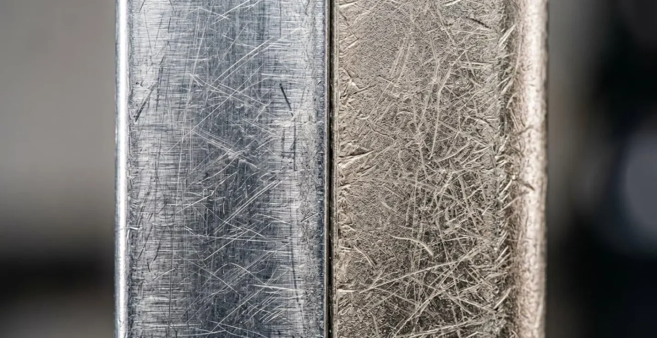 Extreme close-up comparison of worn metal and plastic cosmetic case surfaces showing material aging