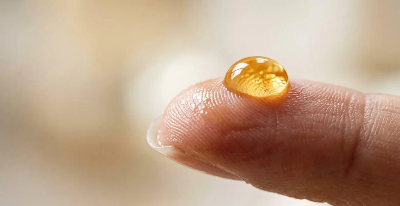Close-up of hands applying facial oil with focused intention during slow beauty ritual