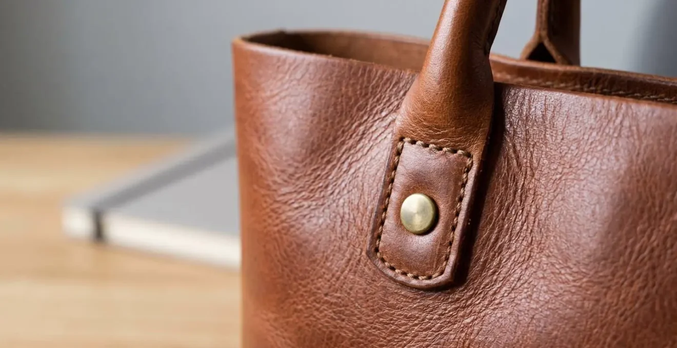 Close-up of structured leather tote bag in cognac brown with clean lines and minimal hardware on modern office desk, professional business accessory