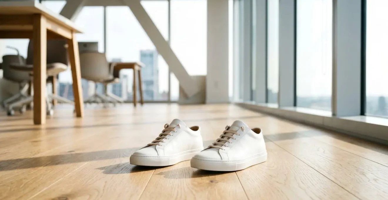 Pair of clean white leather fashion sneakers with low profile silhouette on modern office floor, business casual professional footwear